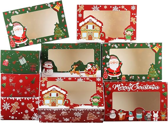 20 Pack Christmas Cookie Boxes, 8x5x3 inches Christmas Gift Boxes With Window for Pastries, Cupcakes, Candy, Holiday Bakery Treat and Party Favor