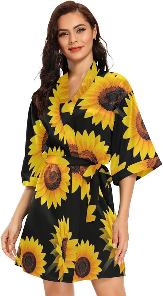 KLL Women's Kimono Robes Sunflower Short Satin Bathrobe Soft Skin-friendly Sleepwear V-Neck Loungewear,Small