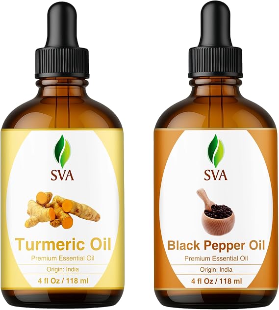 SVA Turmeric and Black Pepper Essential Oil 4 oz Bundle Super Saver Combo Value Set for Hair Oiling, Scalp Massage, Hair Care, Skin Care and Body Massage