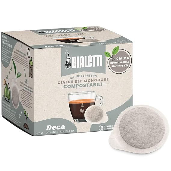 Bialetti Decaffeinated ESE Espresso Pods 50 Count Medium Roast Intensity 6, Compostable Paper Pods for ESE Coffee Machines, Smooth Balanced Flavor with Subtle Cereal Notes, Made in Italy