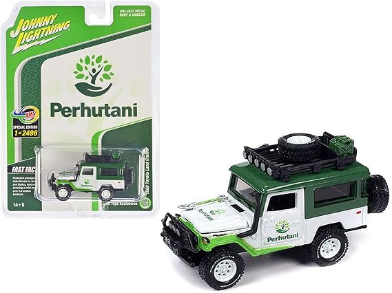 1980 Land Cruiser White and Green Perhutani with Roof Rack Limited Edition to 2496 Pieces Worldwide 1/64 Diecast Model Car by Johnny Lightning JLCP7447