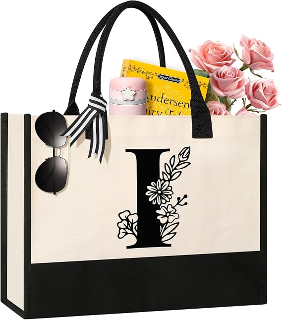 Tecanne Personalized Initial Canvas Tote Bag, Cosmetic Bags, Suitable for Birthday, Wedding, Beach, Holiday, Great Birthday Gifts for Women, Mom, Teachers, Nurses, Best Friends, Bridesmaids (I)