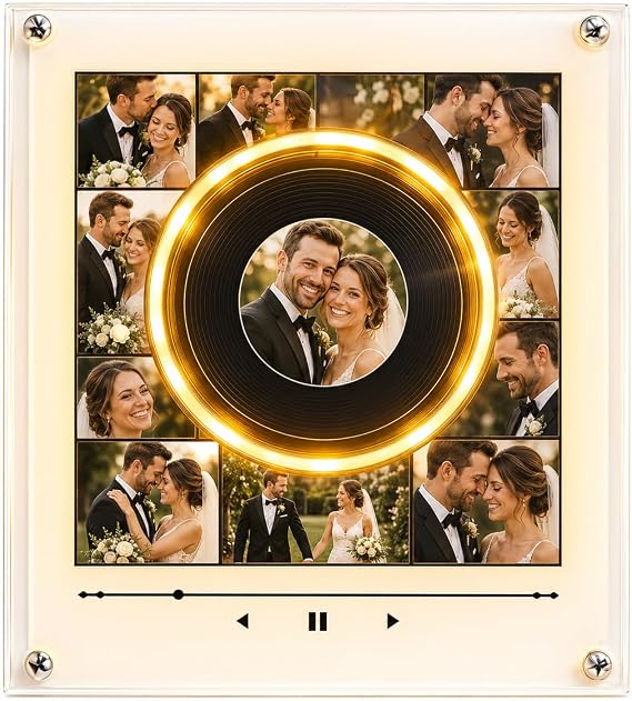 Custom Music Fridge Magnet with Photo, NFC Tap to Play Song, Rotating Record Player Light, Personalized Acrylic Refrigerator Magnet, Birthday Anniversary (4 Music Discs)