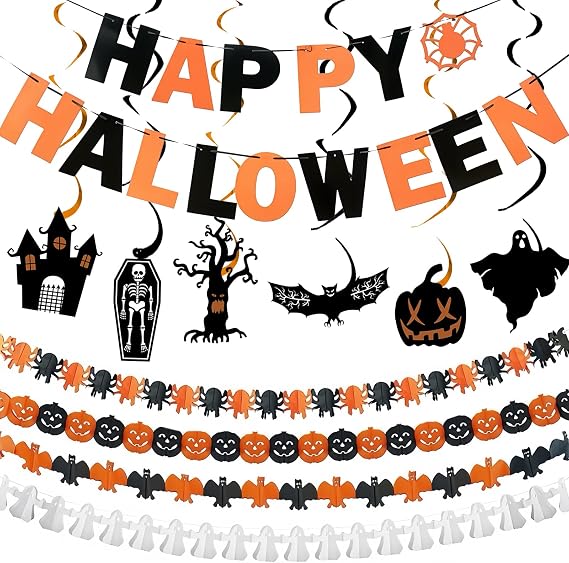 Halloween Decoration Set Happy Halloween Garland Large Bat Pumpkins White Ghost and Spiders Bunting Garland Spirals Ceiling Decoration Indoor & Outdoor Garden Halloween Decoration Party Decoration