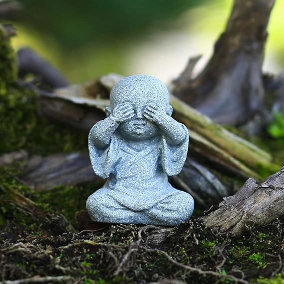 Dimleen 3/6Pcs Tiny Cute Baby Buddha Statue Monks Figurine Sandstone Smiling Sculptures Home Feng Shui Decor Creative Crafts Dolls Ornaments Delicate Buda Zen Little Bonsai Gifts 2.3IN (Cover Eyes)