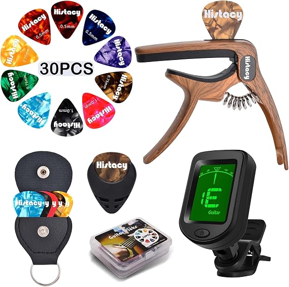 Guitar Accessories Kit: Clip-On Guitar Tuner, 3-in-1 Capo, 30 Picks & Storage for Acoustic, Electric Guitar, Bass & Ukulele, All-in-One Perfect Guitar Gift Set for Men & Beginners & Pros