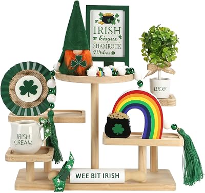 St Patricks Day Decoration 8 PCS Tiered Tray Decor Set, Cute Tabletop Saint Pattys Day Decor for Home Shelf Mantel Fireplace Office Desk Coffee Bar Leprechaun Gnome Shamrock Irish Tray Objects