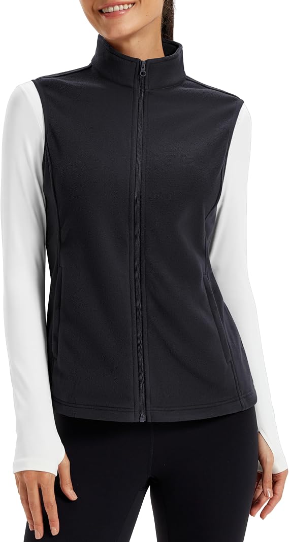 TACVASEN Women's Fleece Vest Outdoor Sleeveless Jacket Stand Collar Warm Fleece Vest with Zip Pockets Sports Vest for Women