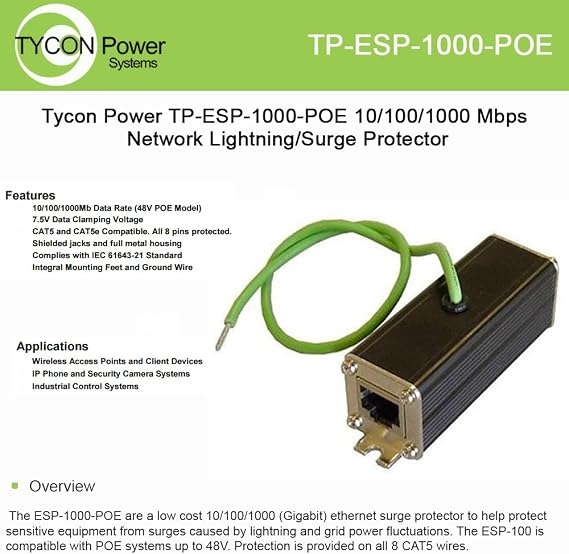 Tycon Systems, Inc Surge Protector, 5ka Surge - TP-ESP-1000-POE