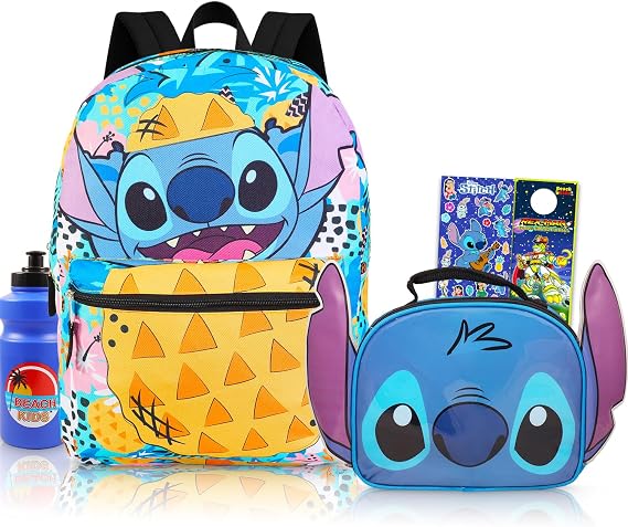 Disney Stitch Backpack and Lunch Box Set for Kids School Bundle + More | Insulated Lunch Bag & 16in Large Durable Lilo and Stitch Bookbag Plus Water Bottle, Stickers, More - Stitch School Supplies