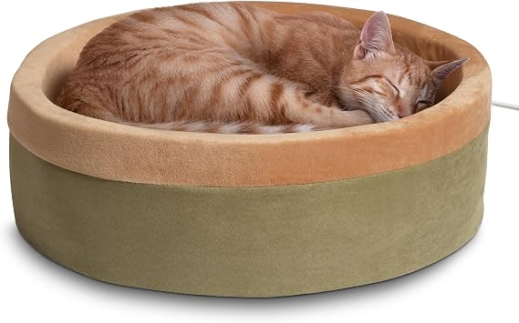 K&H Pet Products Thermo-Kitty Bed Heated Cat Bed Large 20 Inches Sage/Tan