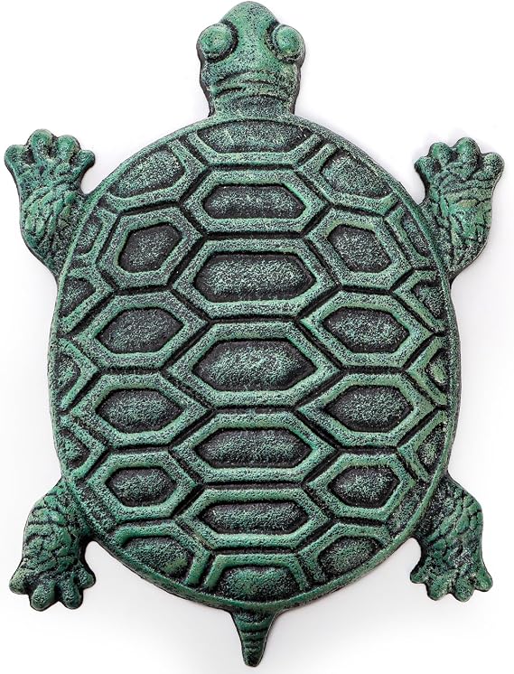 Lawei Cast Iron Turtle Stepping Stone, Sturdy Metal Stepping Mat for Front Door, Garden, Lawn and Yard, Verdigris Tortoise Decorative Stone Path Paver for Outdoor Walkway, 12.5 x9.4 Inch