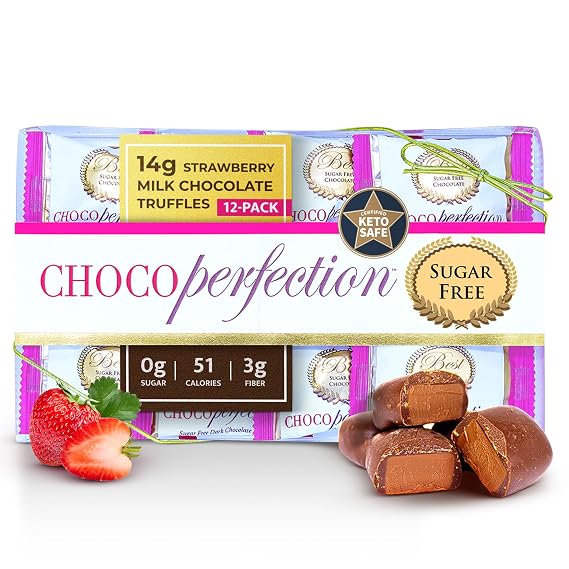 ChocoPerfection Sugar Free Strawberry Milk Chocolate Truffles - Zero Sugar Keto Friendly Dessert Treats, Low Carb Snack Bites, Gluten Free Kosher Gourmet Indulgent Confection - 12 Pack