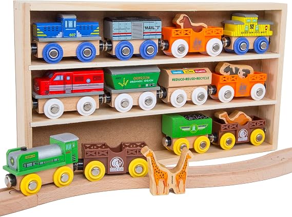 ORBRIUM Wooden Train Set 12 Magnetic Train Cars & Engines 18 PCS Collection Animal Trains Circus Farm Safari Zoo Compatible w Thomas Brio Melissa & Doug Wooden Railway for Toddlers Kids