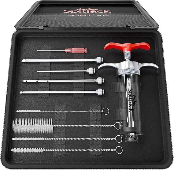 SHOT XL BBQ Marinade Syringe Meat Injector, 70ml, 4 Needles, MJ150 | Large-capacity adjustable injector for serious cooks. Includes case, brushes, detailed guide, recipes, and support.
