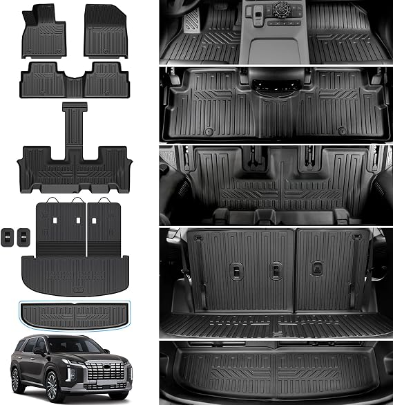 Floor Mats for 2020-2025 Hyundai Palisade 7/8 Seat Accessories | All Weather Durable Cargo Mat with Backrest Mat and Lower Trunk Mat, Odorless TPE Material, Easy to Clean