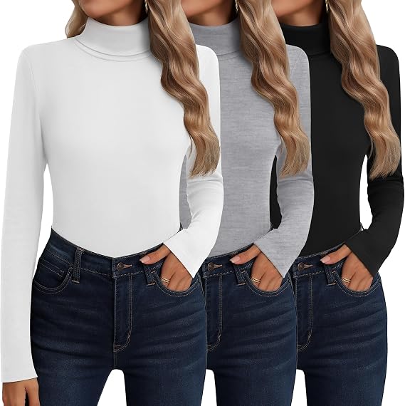 Neer 3 Pack Womens Cotton Turtleneck Long Sleeve Thermal Tops