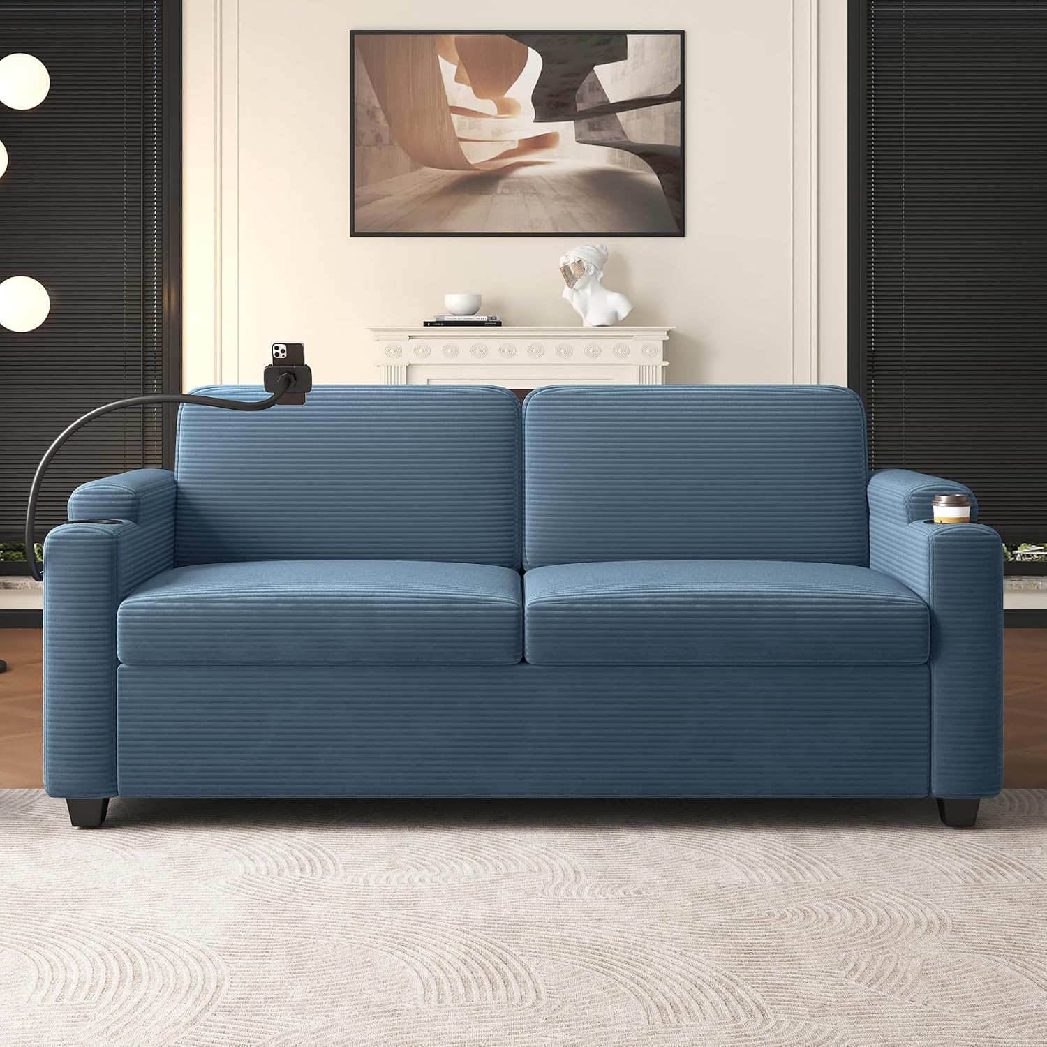 JINS&VICO 72.8 Corduroy Sleeper Sofa, Loveseat Sofa with Full Size Mattress, Two USB Ports, Two Cup Holders, Two Side Pockets and a Phone Holder for Living Room, Navy Blue