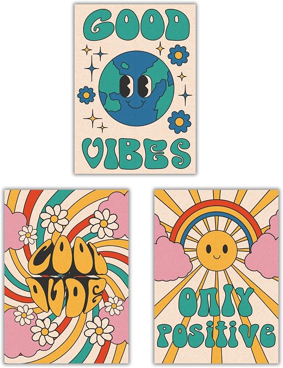 Summit Designs Groovy Retro Wall Art - 70s Hippie Positive Vibes Prints 11x14 Unframed Boho Living Room Decor Psychedelic Good Vibes Earth Rainbow Aesthetic Set