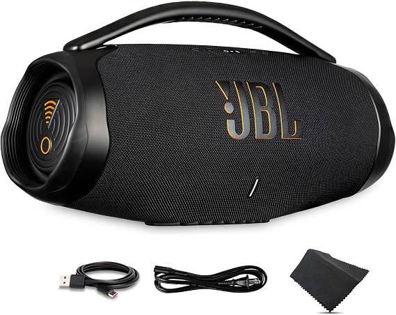 JBL Boombox 3 Wi-Fi Portable Bluetooth Speaker, Black, IP67 Waterproof, 24-Hour Battery, USB-C Cable and Microfiber Cloth
