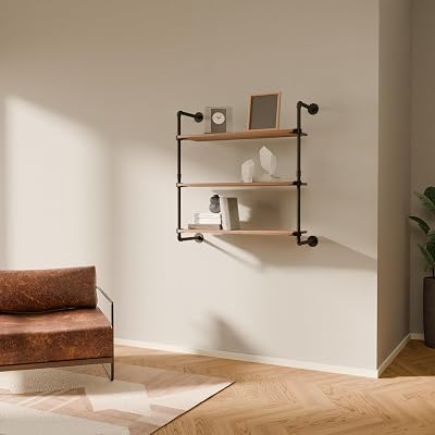 pamo Industrial Pipe Shelving Wall Mounted - 41.4x 37.7x11.4 - Wall Mounted Industrial Shelving System with Pipe Shelves and Oak Wood