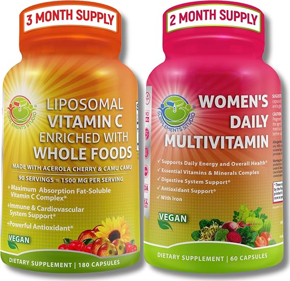 Antioxidant & Immunity Support Bundle - Liposomal Vitamin C 1500mg with Organic Acerola Cherry & Camu Camu + Women's Daily Multivitamin with Iron, Superfoods, Probiotics & Enzymes Vegan, Non-GMO