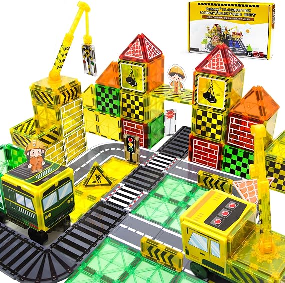 Magnetic Tiles Magnetic Construction Set with 2 Dolls, Cars, Train, Train Tracks, Building Sensory Toys for 3+ Year Old Boys & Girls Creative Kids Games Birthday Xmas Gifts