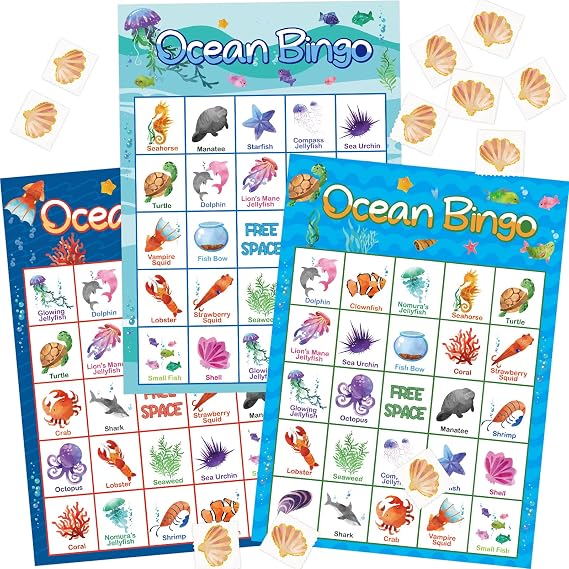 Fancy Land Ocean Bingo Game 24 Players for Kids Under Sea Party Game Supplies