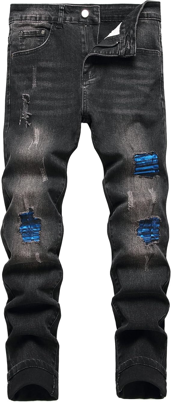 Men's Slim Fit Stretch Jeans Ripped Skinny for Men, Distressed Destroyed Straight Leg Fashion Comfort Flex Waist Jeans, Teenager Casual Fashion Designer Classic Regular Fit Basic Denim Pants