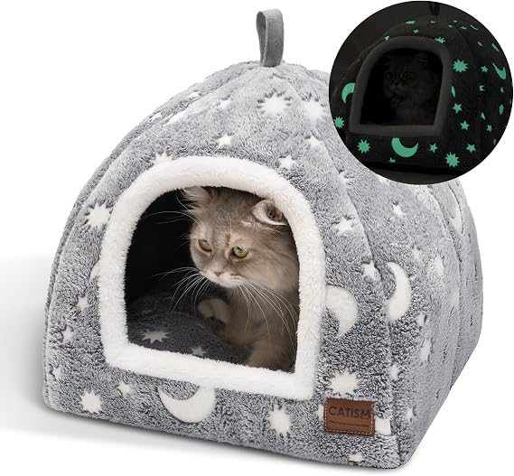 CATISM Cat Bed Cave, Cat Bed for Indoor Cats, Cats Tent Beds House with Removable Washable Cushion Pillow, Kitten Puppy Cuddly Pet Beds (Grey with Star, 40.00x 40.00x 38cm)