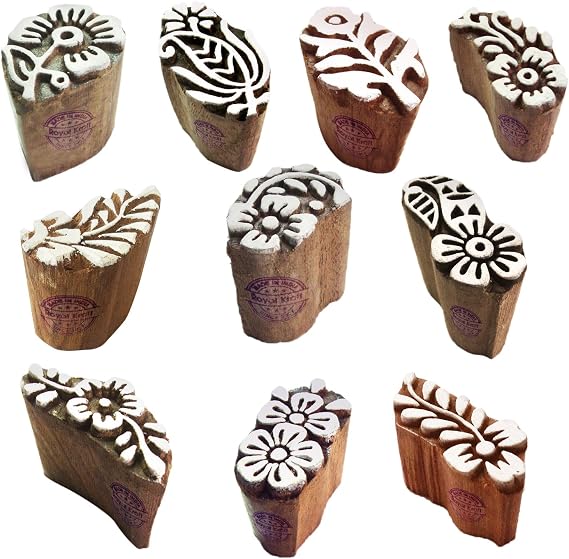 Fabric Wood Stamps Indian Small Floral Design Printing Blocks (Set of 10) Htag2103