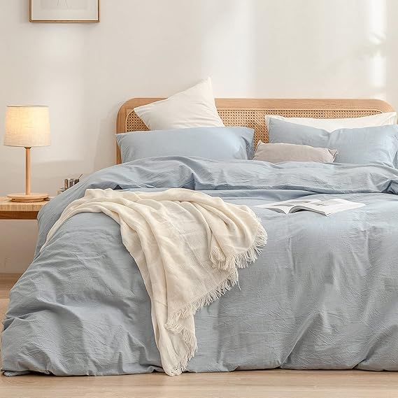 BESTOUCH Cotton Solid Duvet Cover Set Linen Feel Cornflower Blue Queen