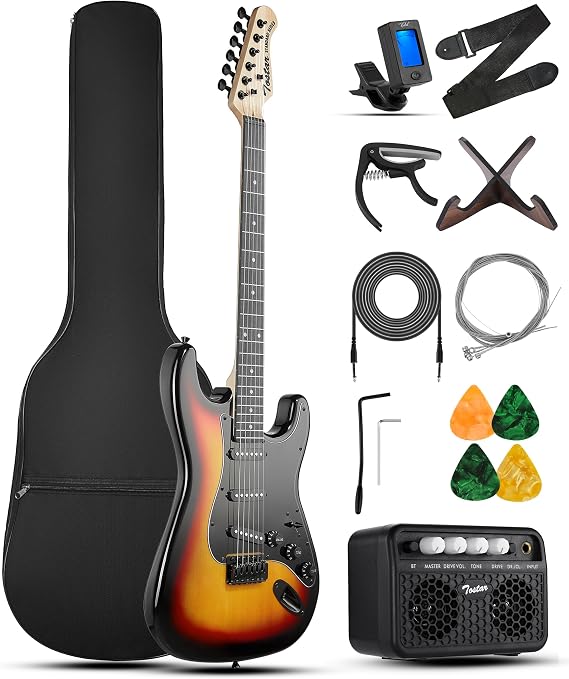 Tostar Electric Guitar Full Size Kit for Beginners 6 String with Amp SSS Pickup with Gig Bag,Capo,Tremolo,Tuner, Strap, Picks Yellow Electric Guitars Stratocaster 39" for Gifts