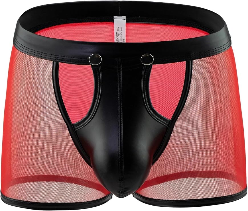 Men's Sexy Boxer Shorts Removable 3D Pouch Mesh Faux Leather Underwear