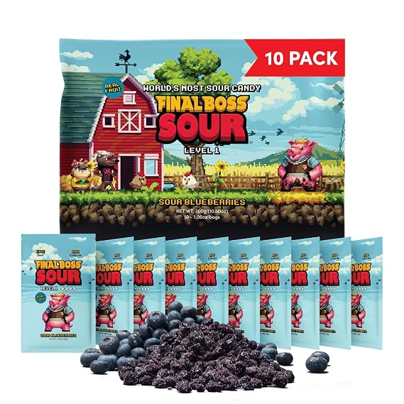 Final Boss Sour Fruit Candy, Sour Blueberries, Level 1, 10 Pack | Made with Real Dried Fruit, Mild Sour Flavor, No Artificial Colors, No Artificial Fruit Flavors, Low Calorie Snack