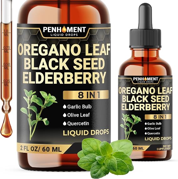 8in1 2900mg Oil of Oregano Drops with Black Seed Oil Liquid | Contains Carvacrol | Garlic, Elderberry, Olive Leaf, Quercetin, Bromelain - 2 Fl Oz