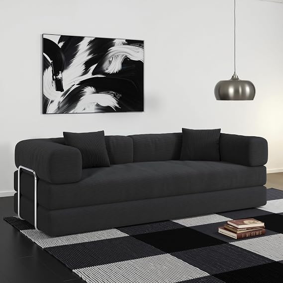 78.8" Convertible Sofa Bed, Compression Sofa with Corduroy Fabric, Floor Sofa Modular Futon Couch with Pillow, Armrests and Fixed Shape Frame for Living Room Bedroom Lounge (Gray)