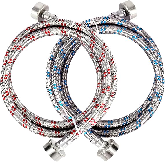 4ft Premium Stainless Steel Washing Machine Hoses Burst Proof 2 Pack by Techecook - Hot and Cold Water Supply Hoses for ALL Washer -