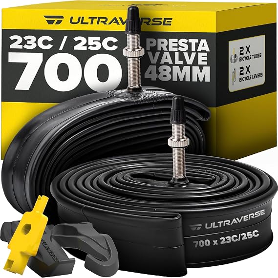 Bike Inner Tube for 700x23-25c, 700x28-32c, 700x35-43c - 2 Pack | 48mm or 60mm Presta Valve, 28 inch Bicycle Wheel Sizes Butyl Rubber Tubes for Road and Gravel Bikes, 2 tire levers inside