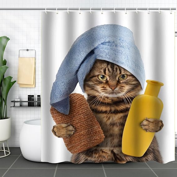 Funny Bathing Cat Shower Curtain for Bathroom, Kid Cute Cartoon Bathing Animal Kitten Puppy Stall Shower Curtain with 12 PCS Durable Hooks, Adult Kids Bathroom Decor (Bathing Cat, 72" X 72")