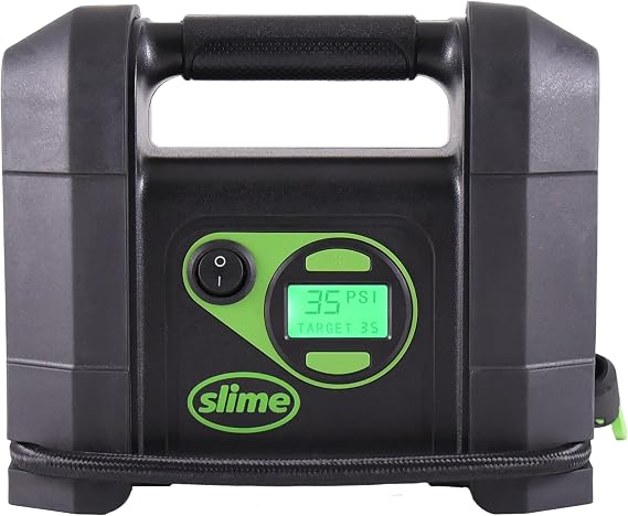 Slime 40047 Tire Inflator, Portable Car Air Compressor, Rugged, Inflate Right automatic shut off, with Digital 99 psi Display, Long Hose and LED Light, 12V, 4 min inflation