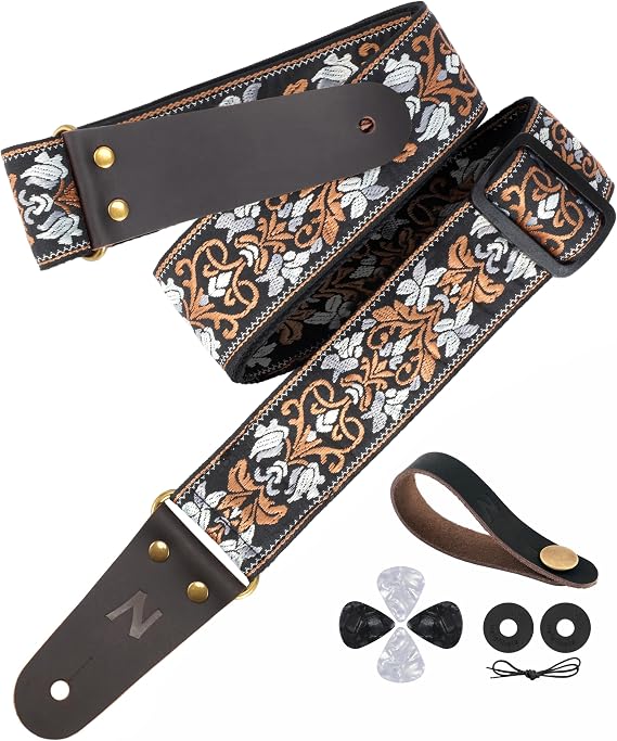 Nefelibata Guitar Strap 2" Embroidered Guitar Straps Full Grain Leather Ends with Invisible Pocket for Bass Electric Acoustic Guitars Free Buckle Strap Buckle and Plectrums