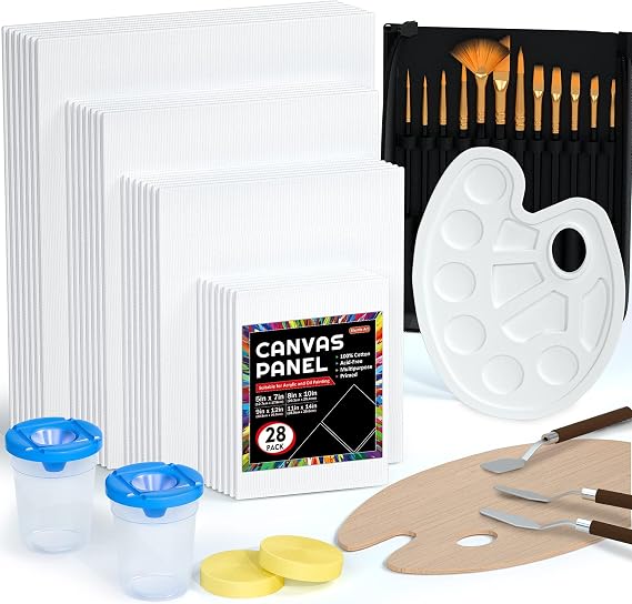 Shuttle Art Canvas Painting Kit 50-Pack, 28 Multi-Size Canvas for Painting & 22 Art Tools (Brushes, Palette, Painting Knives), Ideal Art Supplies for Acrylic Oil Gouache Painting