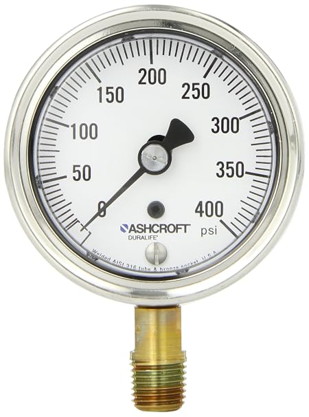 Ashcroft Duralife Type 1009 Stainless Steel Case Dry Filled Pressure Gauge, Stainless Steel Tube and Bronze Socket, 2.5" Dial Size, 1/4" NPT Lower Connection, 0/400 psi Pressure Range