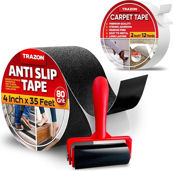 Grip Tape - Heavy Duty Anti Slip Tape for Stairs Outdoor/Indoor Waterproof 4Inch x 35Ft & Carpet Tape Double Sided - Rug Tape Grippers for Hardwood Floors and Area Rugs