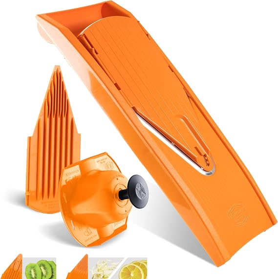 Borner Mandoline Slicer V1 (Basis Set) V-Slicer with 2 Inserts & Fruit Holder Adjustable Kitchen Slicer for Vegetables & Fruits Vegetable Cutter 3 Thickness Settings Color: Orange