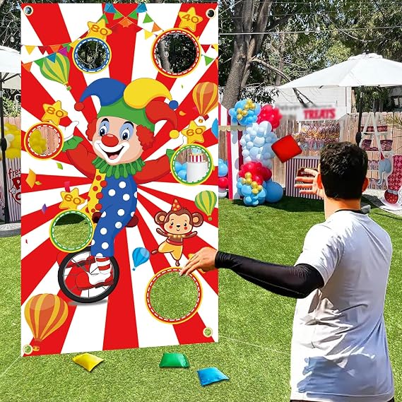 TONIFUL Carnival Toss Game Banner with 4 Bean Bags 6 Holes for Party, Indoor Outdoor Activities,Throwing Carnival Theme Party,Adults Birthday