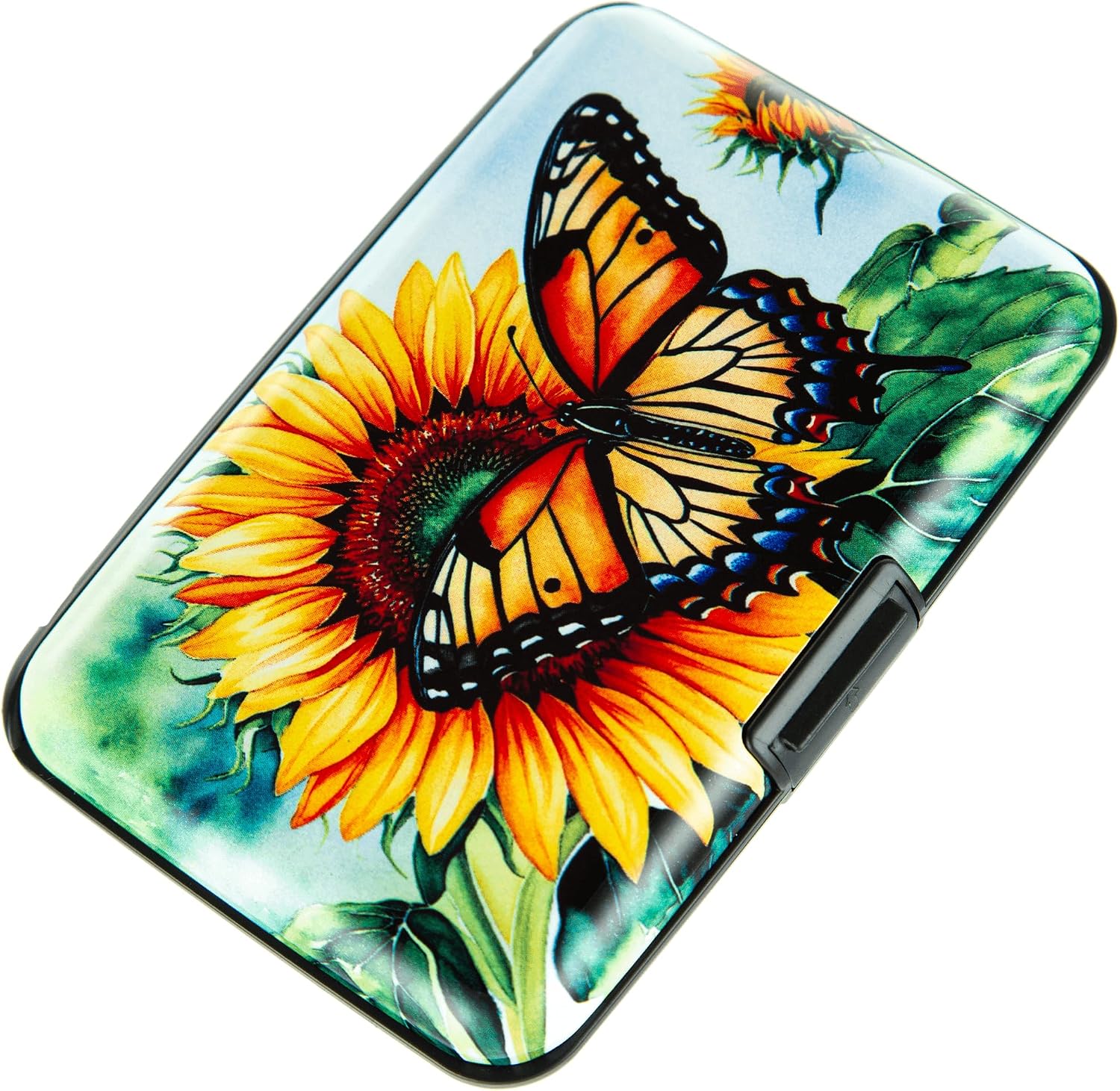 Credit Card Holder for Women Men RFID Blocking Wallet Small Business Metal Slim Mini Aluminum Hard Case, Sunflower Butterfly, S, Minimalist, Compact, American