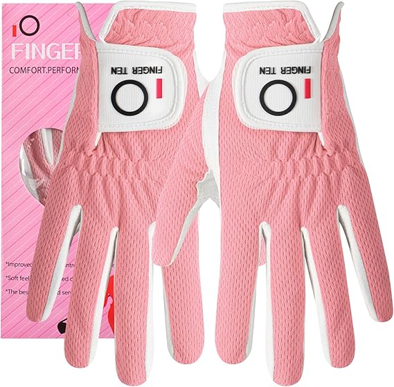 FINGER TEN Womens Golf Glove Right Handed Golfer Left Hand Rain Grip Hot Wet All Weather Value 2 Pack, Golf Gloves Breathable Flexible for Ladies Women