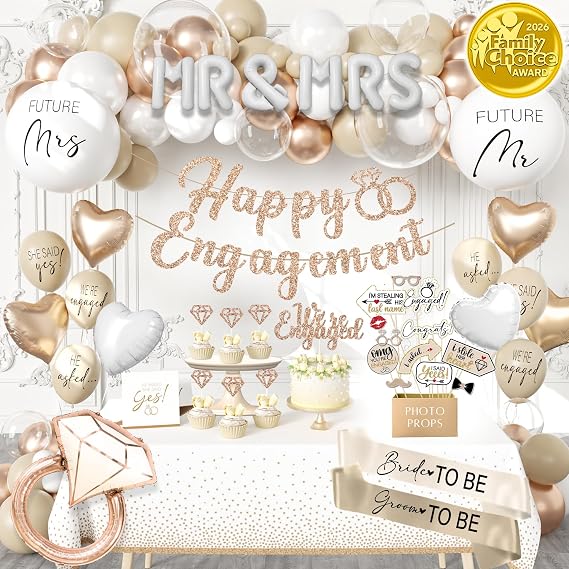 261 Pc Engagement Party Decorations Kit Beige White Gold All-in-One Set | Complete kit with balloons, banners, backdrops, photo booth props, garland, sash, cake topper, elegant pink and neutral decor